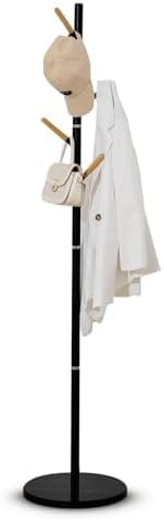 A&M Coat Rack Freestanding with 6 Wooden Hooks & Marble Base - 18 lbs Metal Coat Tree Stand for Hanging Clothes, Hats, Bags, & Jackets - Heavy Duty Purse Rack Stand for Entryway, Bedroom & Office
