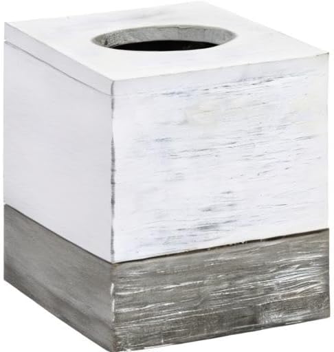 MyGift Tissue Box Cover Square Vintage White and Distressed Gray Wood Bathroom Tissue Box Dispenser Holder with Slide-Out Bottom Panel, Farmhouse Tissue Box Holder 5.5 x 5.5 x 6.3 Inches