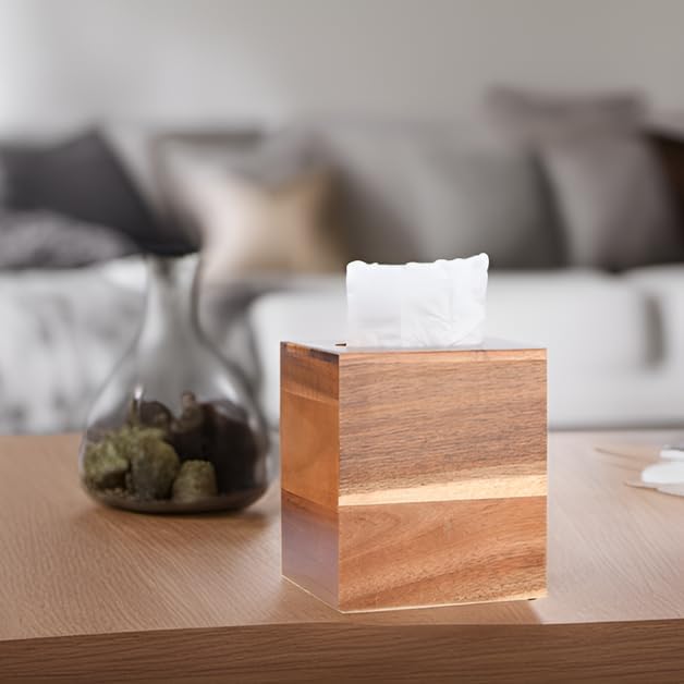 Wood Tissue Box Cover Square, Wooden Tissue Box Holder for Bathroom, Bedroom, Dinner Table, Office,Kitchen (Square)