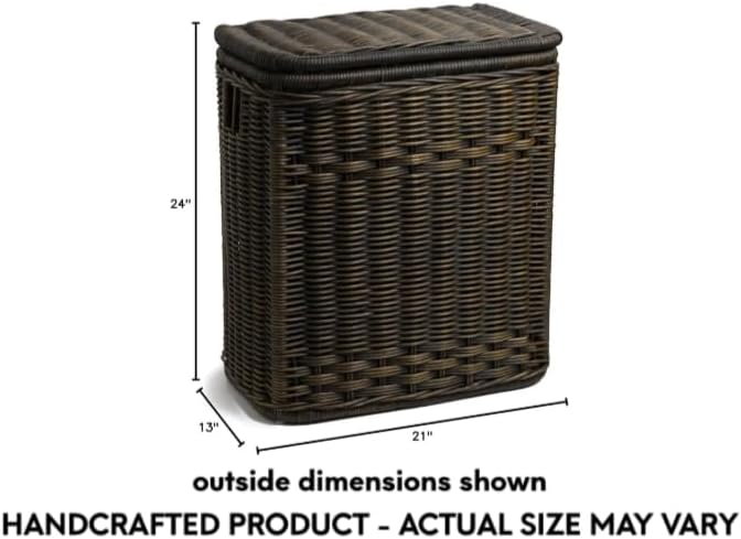 The Basket Lady Narrow Wicker Rectangular Laundry Hamper, 21 in L x 13 in W x 24 in H, Antique Walnut Brown