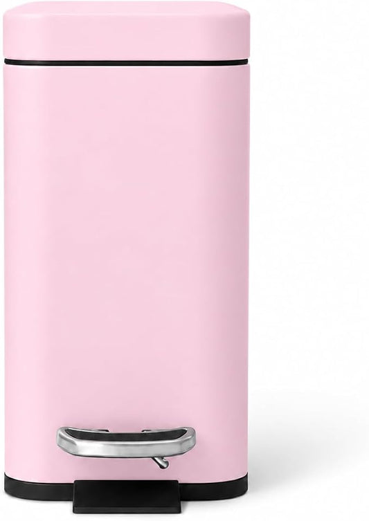 Home Zone Living 1.3 Gallon Small Bathroom Trash Can with Lid and Step Pedal, Stainless Steel Wastebasket with Slim Design for Home and Office, Matte Pink, 5 Liters