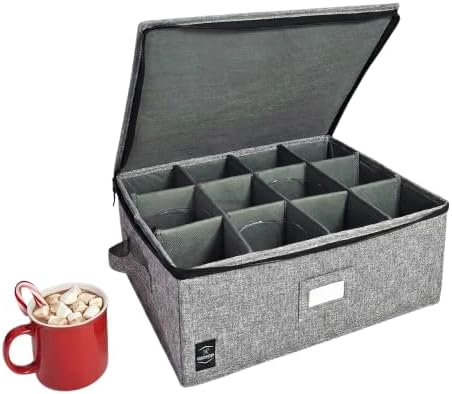 Cup & Mug Storage Container with Hard Top & Dividers – Stackable Coffee Cup Organizer for Mugs, Tea Cups & Household Storage – Fully Padded, Reinforced Sides – Grey