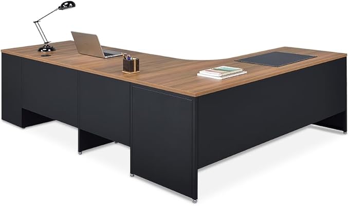 NBF L-Shaped Executive Office Desk - Durable Laminate Computer Desk with Three Drawers - Modern Desk with Storage and File Cabinet (72" Wx 96" D, Gray, Maple)