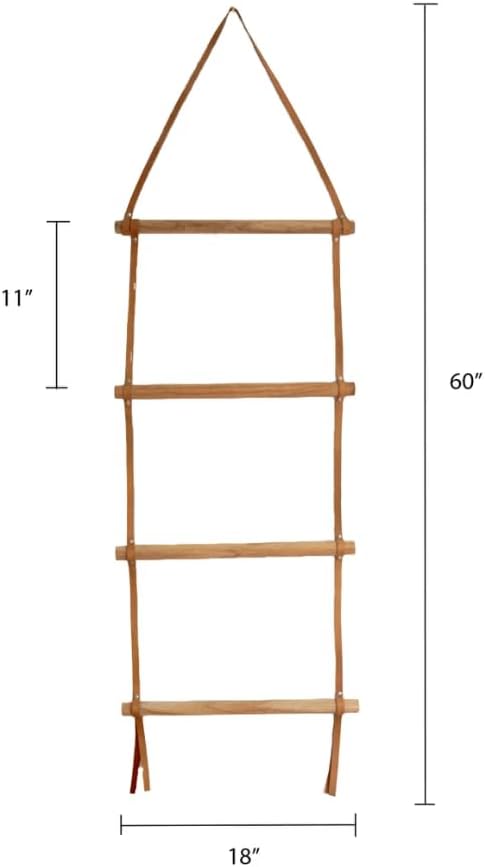 Decorative Wooden Wall Hanging Ladder with Leather Straps โ Rustic Towel and Blanket Rack for Bathroom, Living Room, or Entryway Display