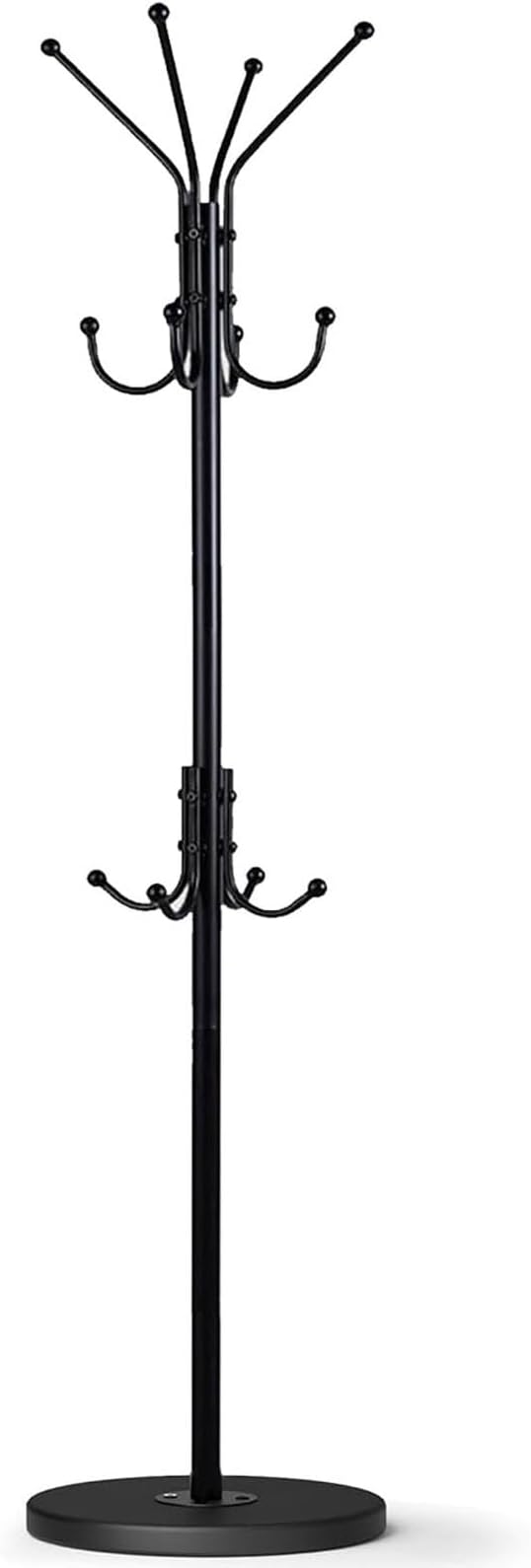Freestanding Coat Rack with 12 Hooks,Modern Coat Stand with Wood Base for Entryway, Bedroom, Office, 3 Adjustable Height Coats Hanger Stand for Coats, Hats, Handbags and Scarves, Black