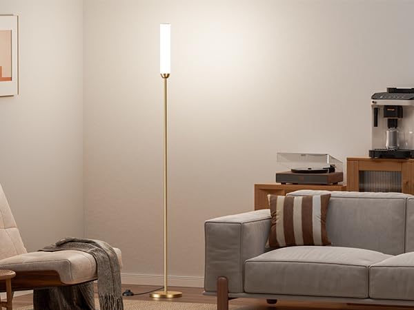 Ambimall LED Floor Lamp with Remote Control, 65" Standing lamp with Stepless Adjustable 3000K-6500K Colors & 30-100% Brightness, Foot Switch(Gold)