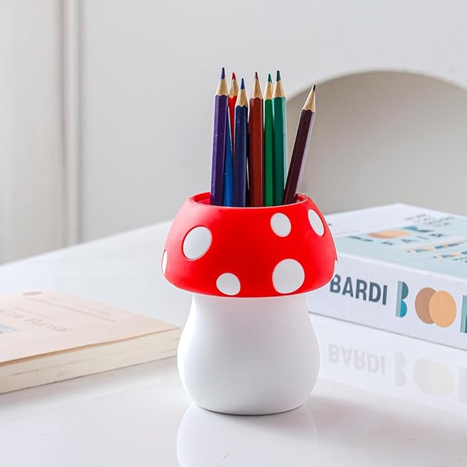 Silicone Pen Holder Cactus Pencil Holder Cute Pens Cup for Desk for Kids Office Decor Desk Accessories Pen Pot Desk Organizer (Red Mushroom)