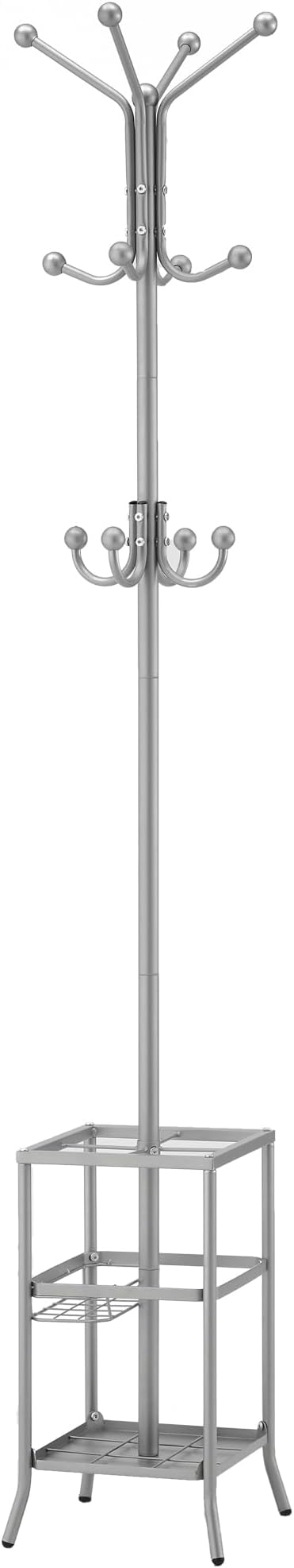 FAVOOSTY Coat Rack Freestanding,Coat Rack Stand with Umbrella Holder,Metal Coat Tree with 12 Hooks,Tree Clothes Hat for Entryway, Hallway, Bedroom, Living Room & Office - Silver Grey