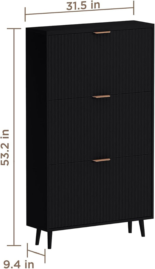 Shoe Cabinet Storage,Modern Freestanding Organizer with 3 Flip Drawers,Narrow Shoe Rack Cabinet for Entryway,Black