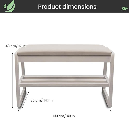 Solid Wood Shoe Rack, 2 Tier Shoe Storage Bench with Cushion Seat, 10 Pair Shoe Organizer for Entryway, White, 39 Inch