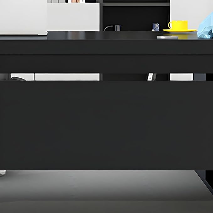 LITFAD Modern L-Shape Office Desk with Wood Base Executive Desks Boss Table Computer Desk Home Office Furniture with Drawers and Storage Shelves - Without Chairs 63" L x 31.5" W x 29.5" H Black