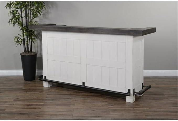 Sunny Designs Carriage House 78" Farmhouse Wood Bar Unit with Sides and Front Foot Rail, Removable Wine Storage Rack, Stemware Rack, Adjustable Shelves, in Dark Brown & White Finish