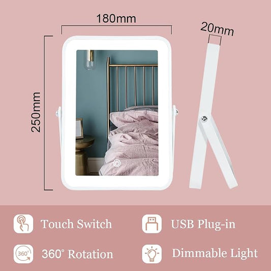 YEKKOPT Rechargeable Vanity Mirror with Lights,Desk Makeup Mirror with Lights,Portable Travel for Makeup Desk & Dressing Room,3 Color Lighting, Dimmable Touch Screen