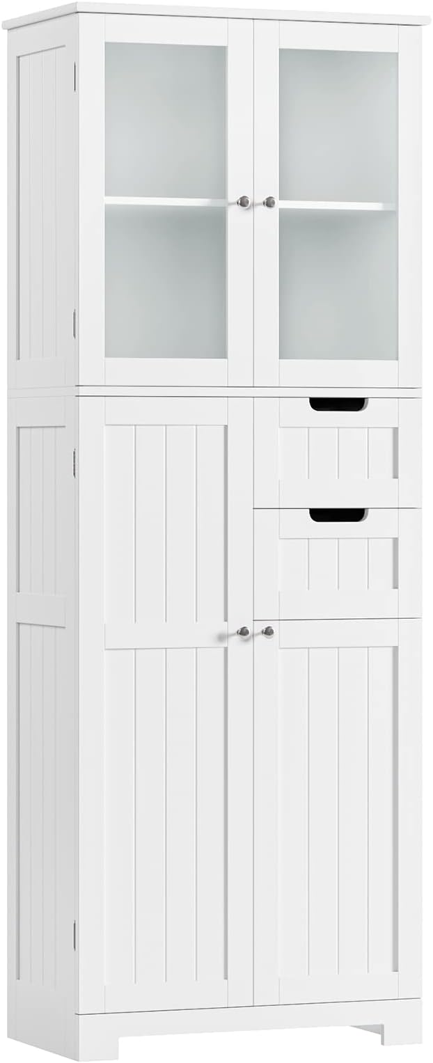 BOTLOG 67'' Tall Bathroom Storage Cabinet, Linen Cabinet with Glass Doors and Adjustable Shelves, Kitchen Pantry with 2 Drawers for Bathroom, Living Room, Dining Room, White