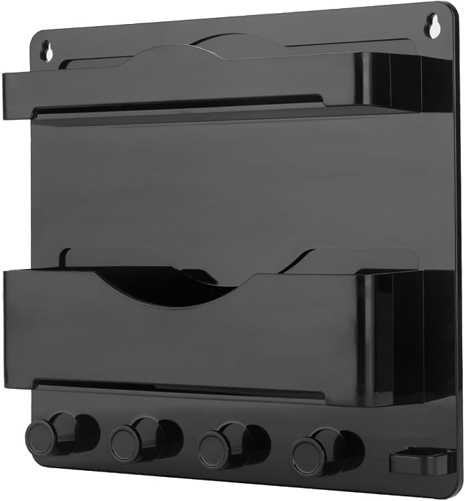 Bedside Wall Shelf with Glasses Hooks ,Adhesive Bedside Organizer Wall Mount for Dorm and Room Accessories Phone,Remote,Earphone, Kindle (Black)