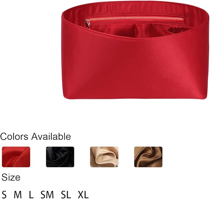ZTUJO Purse Organizer Insert For Handbags, Silk Purse Organizer with Zipper, Silky Smooth, Bag Organizer For Speedy Neverfull Tote,onthego,Artsy, 6 Sizes(Slender Medium, Silky Red)