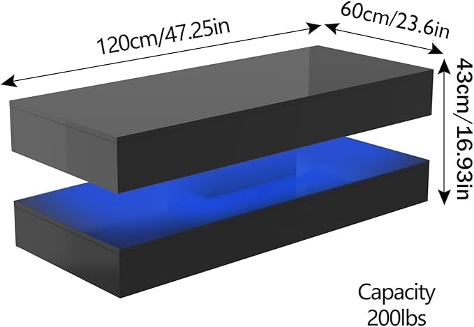 Uspeedy 47.3in Large High Glossy LED Coffee Table with 2 Storage Drawers,Black/White Modern Coffee Tables for Living Room,Living Room Tables,APP LED Lights (Black)