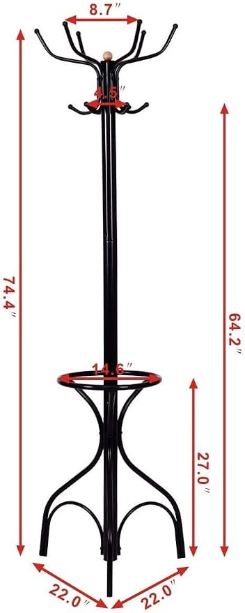 LDAILY Moccha Standing Coat Rack, Metal Frame, Study Portable Free Standing Entryway Hat Coat Jacket Umbrella Holder, Hanger with Base Coat Tree Stand, Black