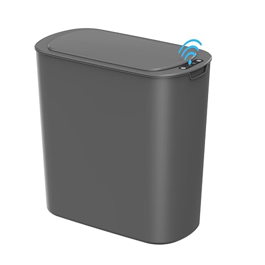 Cesun Automatic Motion Sensor Bathroom Trash Can with Lid, 2.6 Gallon Touchless Trash Bin, Smart Plastic Slim Garbage Can Small Grey Wastebasket for Toilet, Office, rv, Bedroom, Living Room