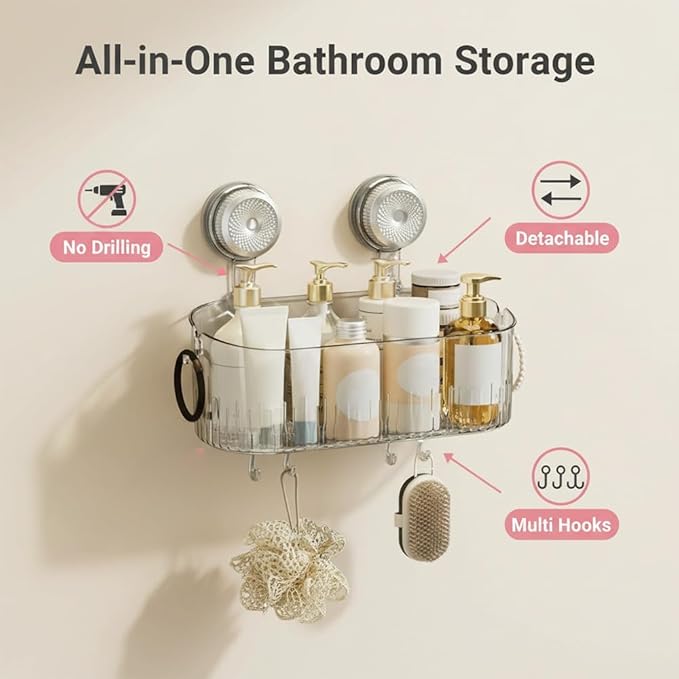 No-Drill Bathroom Suction Storage Box, Suction Cup Shelf, Portable Wall Mounted Bathroom Organizer for Shower, Durable Removable Storage Basket for Home (Gray)
