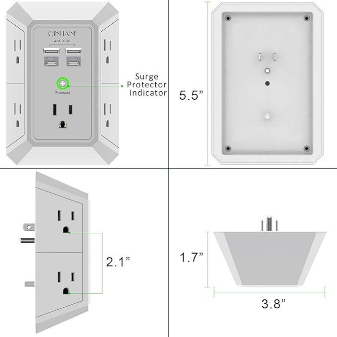 USB Wall Charger, Surge Protector, QINLIANF 5 Outlet Extender with 4 USB Charging Ports (4.8A Total) 3-Sided 1680J Power Strip Multi Plug Outlets Wall Adapter Spaced for Home Travel Office(3U1C),Grey