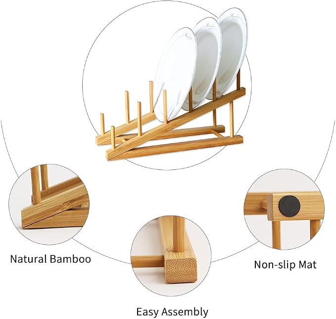 4 PCS Wooden Dish Drying Rack Bamboo Plate Dish Rack Stand Kitchen Cabinet Organizer Pot Lid Holder for Plate, Dish, Cup, Cutting Board, Bowl, Pot Lid