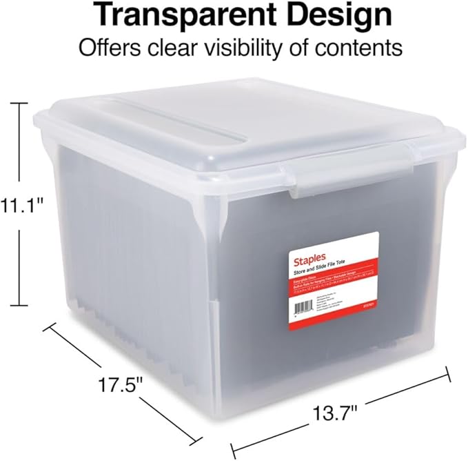 STAPLES Store & Slide Plastic File Box Latching, Letter/Legal Size, Clear, 2/Pack