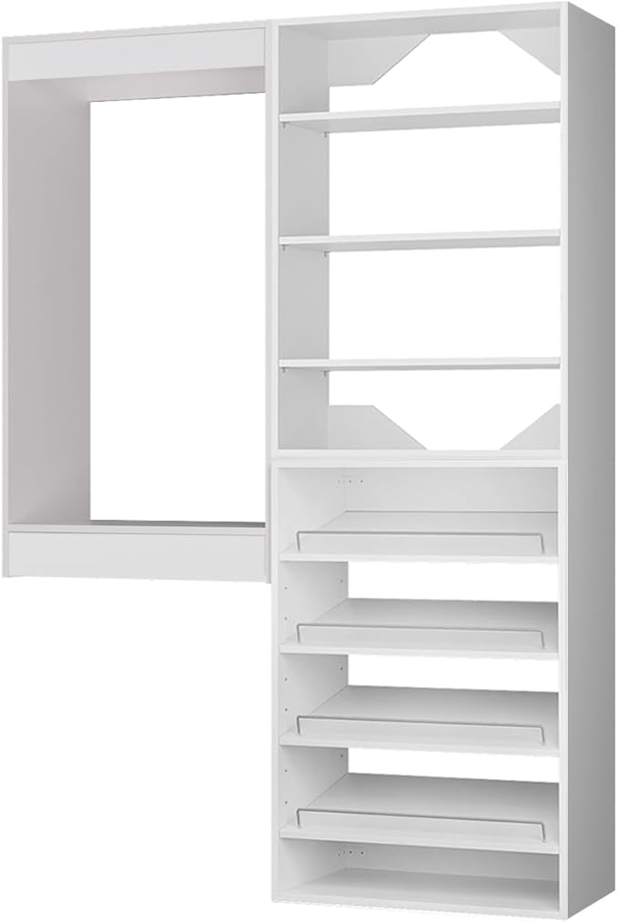 ROOMTEC Modular Closet System, 55" Wall Mounted Closet Organizer with Hanging Rods and Shoe Shelf, Wooden Tower for Walk-In Closets, Wardrobe Storage Kit, White