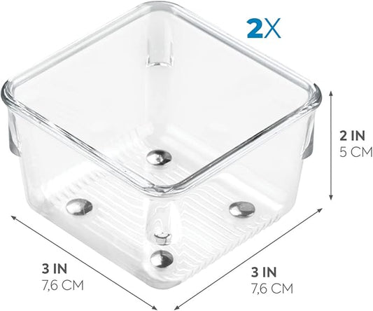 iDesign Linus Plastic Drawer Organizer, Storage Container for Vanity, Bathroom, Kitchen Drawers, 3" x 3" x 2", Set of 2, Clear