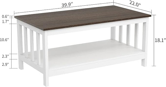 ChooChoo Farmhouse Coffee Table, White Living Room Table with Shelf, 40 Inch