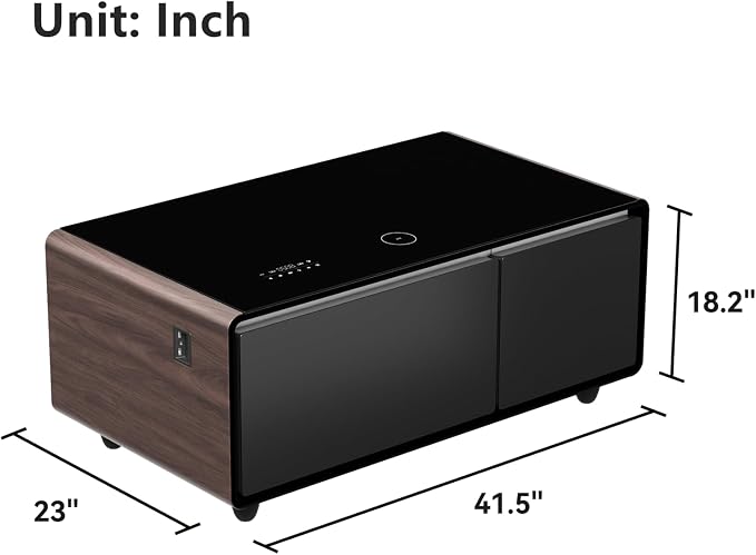 Smart Coffee Table with Fridge and Bluetooth Speakers, Smart Refrigerator Table with 15W Wireless Charger, Touch Control Panel, USB Port, Atmosphere Light and More, LT90 Pro-Brown