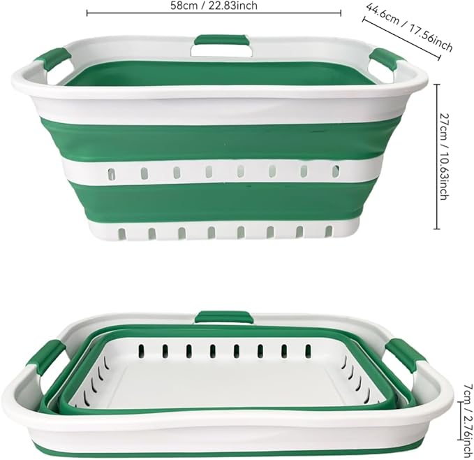 SAMMART 42L (11 gallon) Collapsible Plastic Laundry Basket - Foldable Pop Up Storage Container/Organizer - Space Saving Hamper/Basket (1, White/Winter Green)