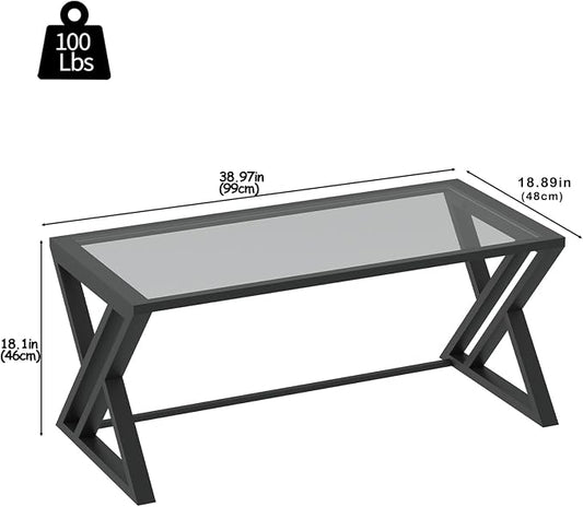 Wolawu Coffee Table Grey Glass Coffee Table for Living Room,Modern Rectangular Center Table with Sturdy Metal Frame,Tempered Glass Tables for Bedroom Home Office