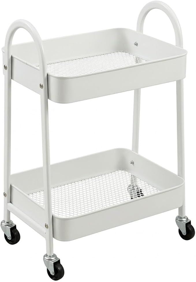 danpinera 2-Tier Rolling Cart, Utility Cart Mobile Metal Rolling Storage Cart with Lockable Wheels & Hanging Cups & Hooks for Kitchen, Bathroom, Office, Workshop