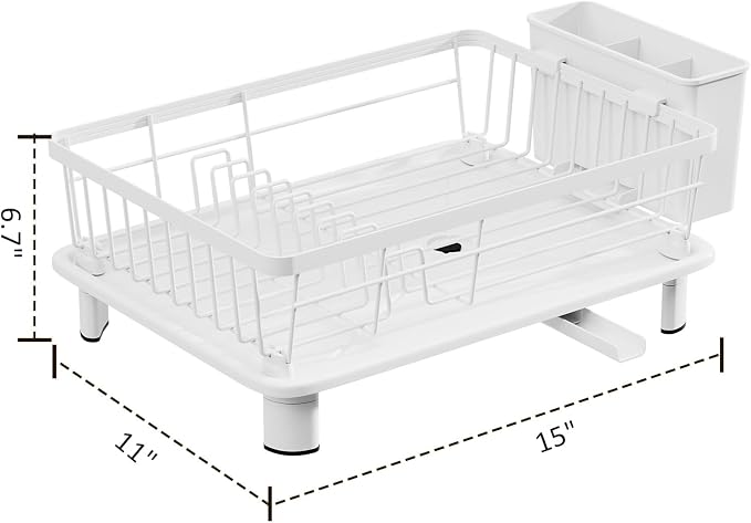 Small Dish Drying Rack, Space Saving Dish Racks for Kitchen Counter, Kitchen Organizer Dish Drainer with Cutlery Holder for Spoons and Forks, 11''W x 15''L, White