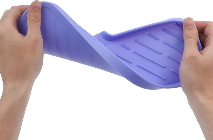 MicoYang Silicone Soap Dish with Drain Spout — Self-Draining Double Sink Organizer Tray for Kitchen & Bath, Dispensers, Sponges & Soap Holder, Non-Slip & Dishwasher Safe, Light Purple (Large, 12"×4")