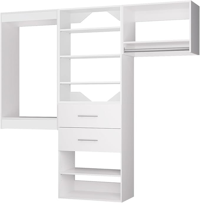 ROOMTEC Modular Closet System, 90" Wall Mounted Modern Closet Organizer with Hanging Rods and Drawers, Wooden Tower for Walk-In Closets, Wardrobe Storage Kit, White