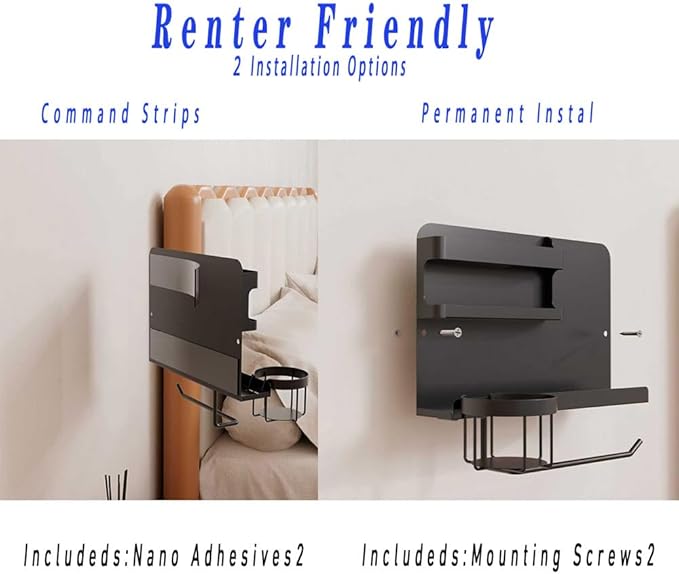Bedside Shelf for Bed, Metal Floating Nightstand Wall Organizer, No Drill Dorm Room Essentials, Heavy Duty Caddy with Cup Holder & Charging Station for Bunk Bed, Loft, Remote - Matte Black