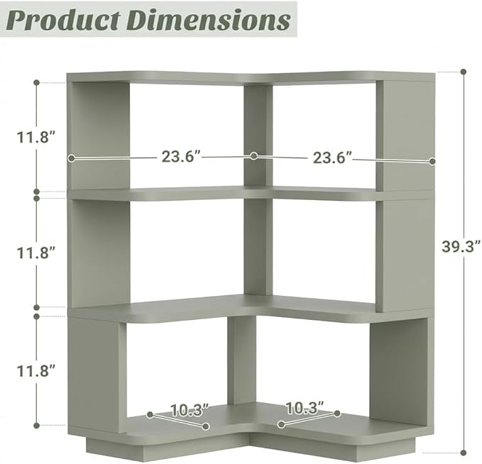 Armocity Corner Book Shelf - 4 Tier Corner Bookshelf Etagere Bookcase with Baffle, Freestanding L Shaped Display Shelf Stand for Home Office, Living Room, Bedroom, Kitchen, Crab Green