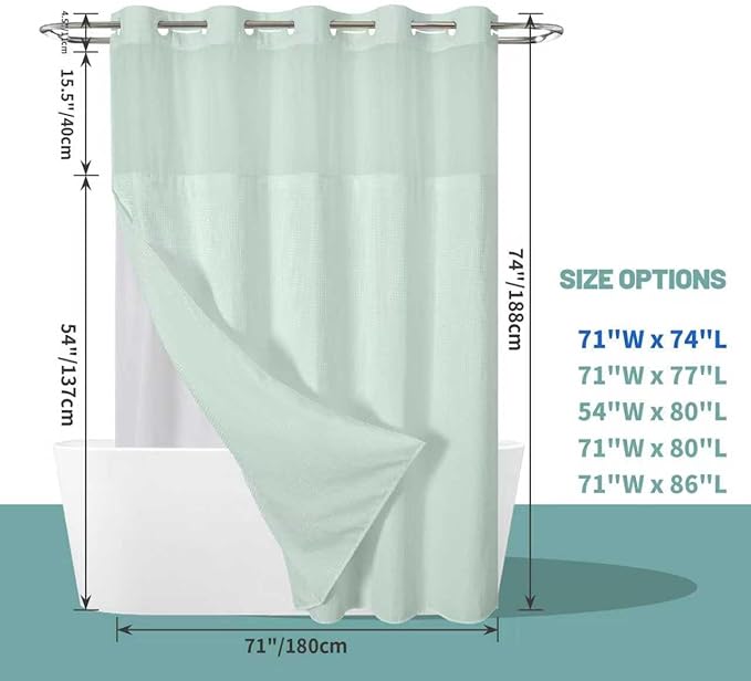 MintGreen No Hook Waffle Weave Shower Curtain with snap-in Liner Replacement, 230GSM Waterproof Fabric Hotel Shower Curtain Set for Bathroom, Through Mesh Top Window,71Wx74H