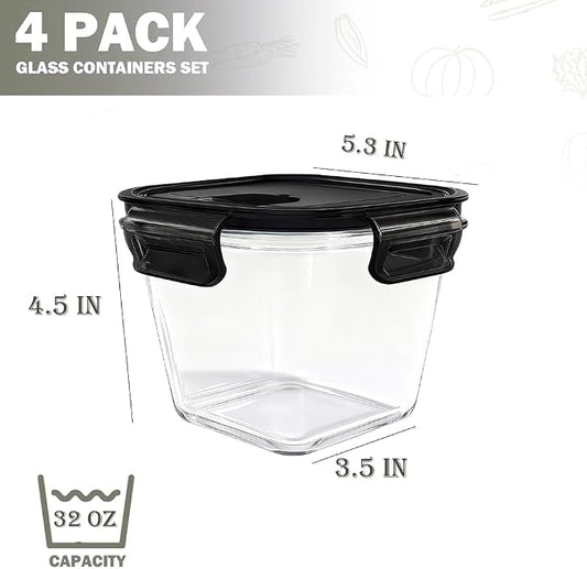 H.JSS WDJS 32oz Square Glass Food Storage Containers with Lids, 4 Cup Glass Soup Containers, Heat-Resistant BPA free Square Meal Prep Bowls for Microwave, Freezer, Dishwasher safe (4Packs)