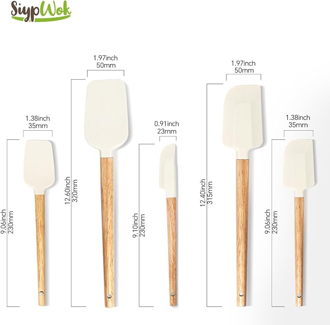 5 Pcs Silicone Spatula Set,Food Grade Silicone Spatula Nonstick Rubber Spatulas with Wooden Ergonomic Grip,Spoonula,Jar Scraper for Cooking,Baking,Mixing,Frosting-Heat Resistant Up to 428°F(Off White)