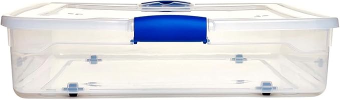 HOMZ 2-Pack Under Bed Storage, Clear Plastic Containers with Lids, 56 Quart, Blue Latch - Stackable Underbed Organizer Bins for Shoes, Bags, Clothes, and Towels