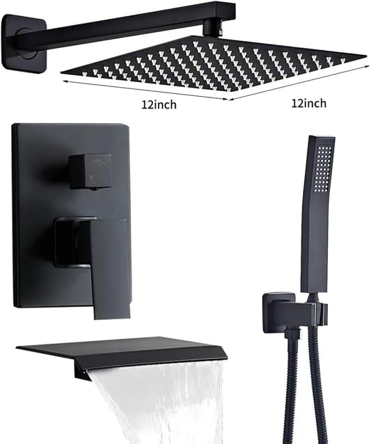 Matte Black Shower Faucet 12 Inch Set with Tub Spout, Shower Head and Handle with 2 Hooks Rain System Square Wall Mount for Bathroom