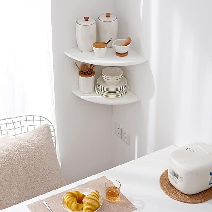 Conamily Corner Shelf, Solid Oak Wood Floating Corner Shelf Wall Mount Round End Floating Speaker Shelves with Wire Hole for Small Plant Photo Frame for Bedroom Kitchen, Living Room (White, 8.7in)