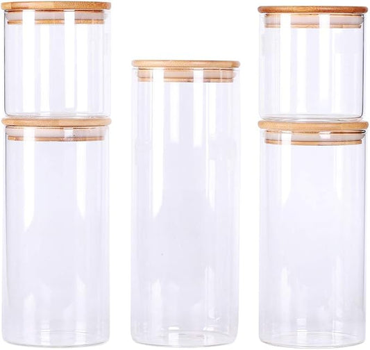 LEAVES AND TREES Y Stackable Kitchen Canisters Set, Pack of 5 Clear Glass Food Storage Jars Containers with Airtight Bamboo Lid for Candy, Cookie, Rice, Sugar, Flour, Pasta, Nuts
