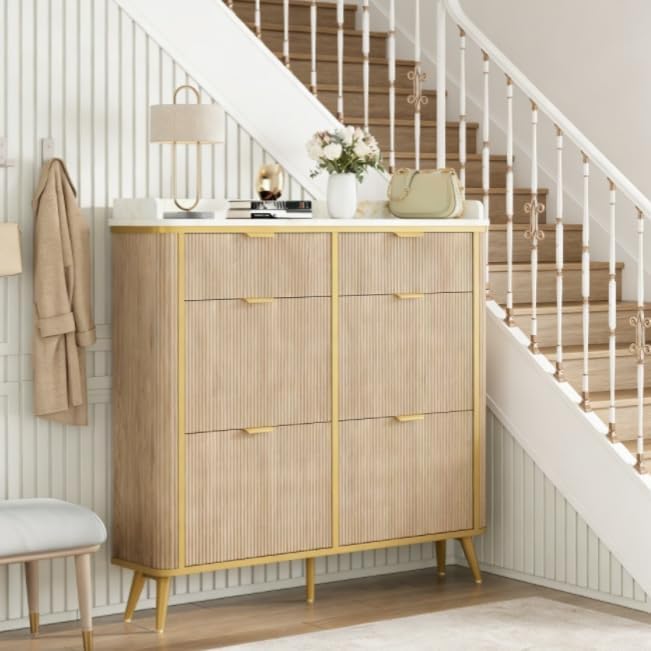 Shoe Cabinet with 4 Flip Drawers and 2 Drawers, Modern Fluted Wood Shoe Storage with Adjustable Shelves, Narrow Slim Shoe Organizer for Entrance, Foyer, Hallway, Nature Oak