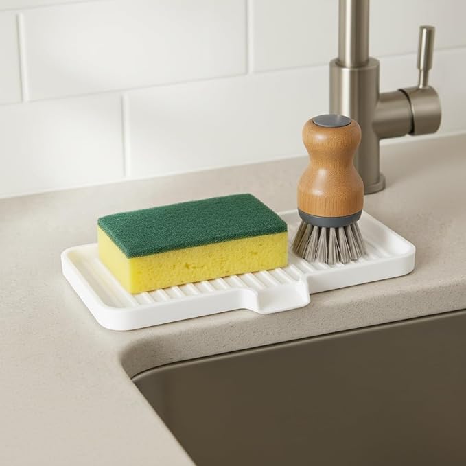 Happitasa Silicone Soap Dish Tray and Sponge Holder with Drain Chute | Bathroom and Kitchen Sink Organizer Caddy (Dark Chocolate, 9"x3.5", 5.6 Ounces)