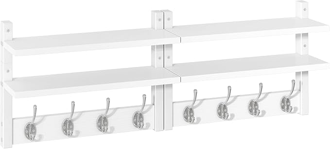 YMYNY Coat Rack Wall Mount with Shelf, Two-Tier Wall Shelf Mounted with 8 Hooks, Wooden Wall Coat Rack for Entryway, Bedroom for Hanging Clothes/Coats/Keys/Hats/Towels, White, HWS009W-2