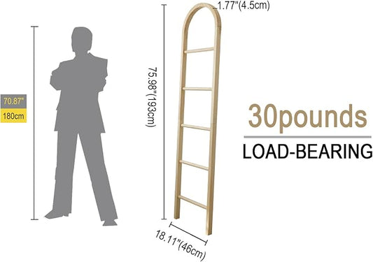 Wooden Blanket Ladder - Natural & Motley Wood - Leaning Wall Decor for Bedroom, Bathroom, Living Room - Rustic Quilt Holder & Towel Rack (Light Wood Color-Curved, 76in(5-Tier))